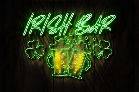 Irish Bar neon sign on a Dark Wooden Wall 3D illustration.