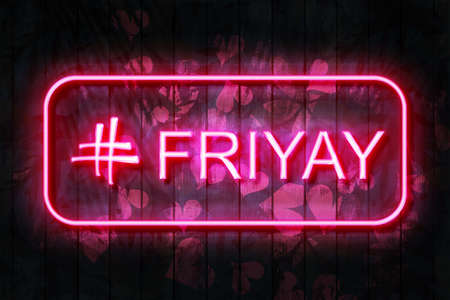 # Friyay neon sign on a Dark Wooden Wall 3D illustration with red heart background.の写真素材