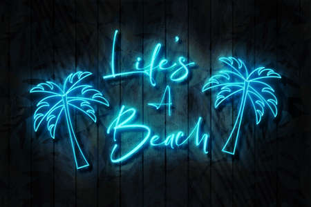 Lifes A Beach neon sign on a dark wooden wall, 3D illustration.の写真素材
