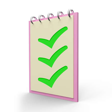 3D Render of a Pink Note Pad with three green ticks on a white background.