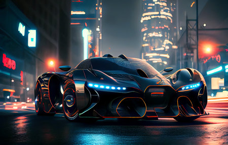 Colourful Surreal Futuristic Supercar in a Night City Scene Generative AI Illustrationの素材
