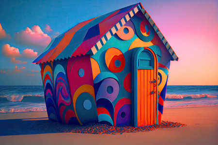Colourful Beach Hut Generative AI Illustrationの素材