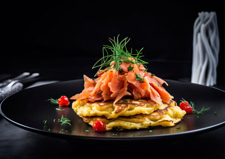 Smoked Salmon & Scrambled Eggs on Potato Pancakes - Generative AI Illustrationの素材