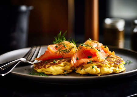 Smoked Salmon & Scrambled Eggs on Potato Pancakes - Generative AI Illustrationの素材