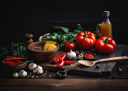 Colourful Italian food ingredients and spices on wooden background with copy space - Generative AI Illustrationの素材