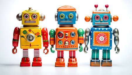 Three Colourful Surreal Retro Tin Robots on a white background.の素材