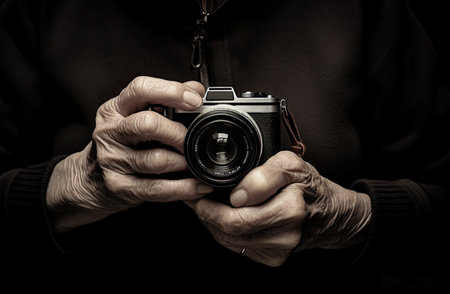Vintage analog camera in the hands of a senior personの素材