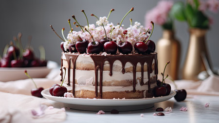 Beautiful cream cake with cherries, chocolate dusting and edible flowers.の素材