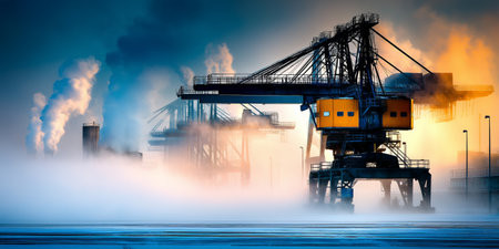Steam rises from cranes during a cold sunrise in an industrial port settingの素材
