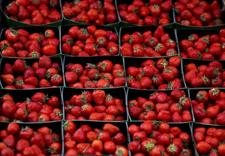 Boxes of strawberries on display at a street stallの写真素材