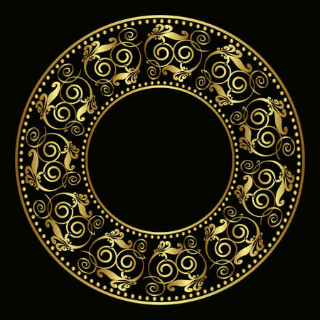 Golden plate with vintage ornament on black backgroundのイラスト素材