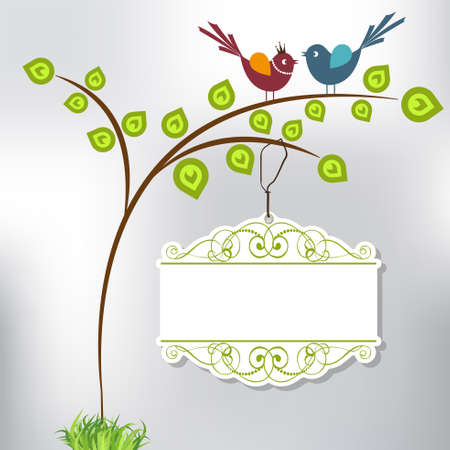 cute cartoon bird on the tree and ornate speech bubbleのイラスト素材