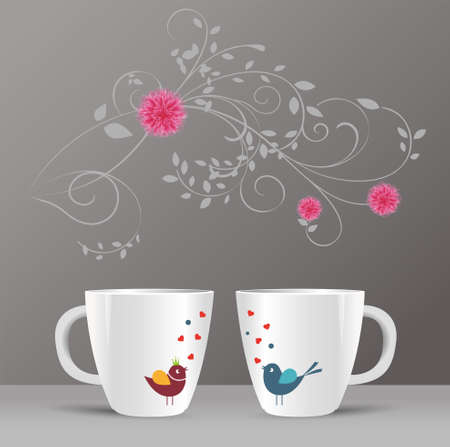 pattern of birds and spring flowers in a cupのイラスト素材