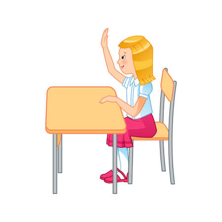 Cute pupil raising hand in elementary school - Vectorのイラスト素材