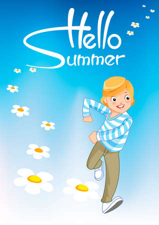 Illustration of a young boy jumping for joy outdoorsのイラスト素材