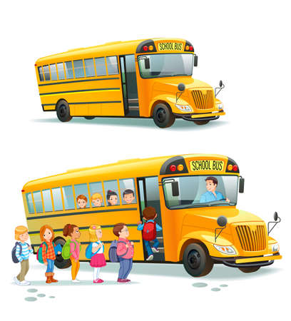 Children get on school bus.Transportation pupil or student, transport and automobile. Vector illustration