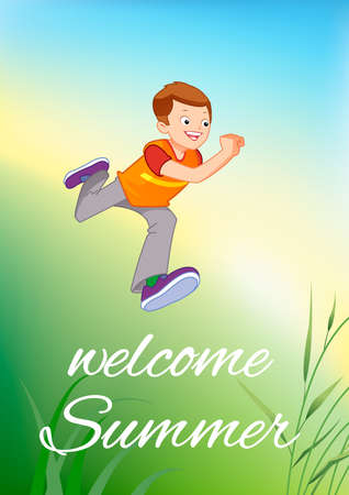 Illustration of a young boy jumping for joy outdoorsのイラスト素材