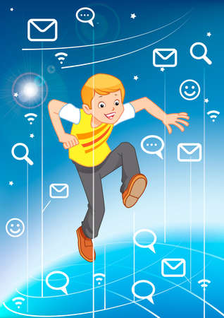 Cute little baby runs on an abstract background in the world of the Internet.のイラスト素材
