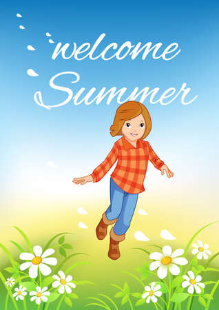 Girl running in the park on sunny summer day in casual clothes. Summer kids vector and playing happy summer kids. Summer kids fun joy childhood leisure.のイラスト素材