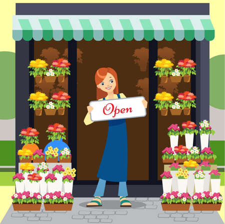 Florist holding open-sign while smiling in garden centerのイラスト素材