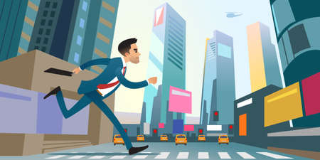 Businessman running in the big city. vector illustration. Victory concept.のイラスト素材