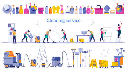 Cleaning service flat illustration. Team of cleaning service working at office and a large set cleaning tool.のイラスト素材