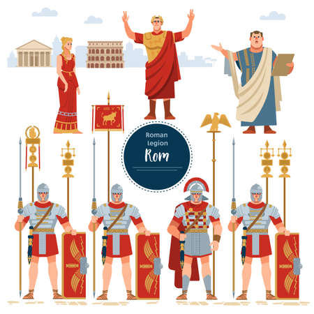 Set in ancient Rome illustration historic army infantrymen in full armor with shields.のイラスト素材