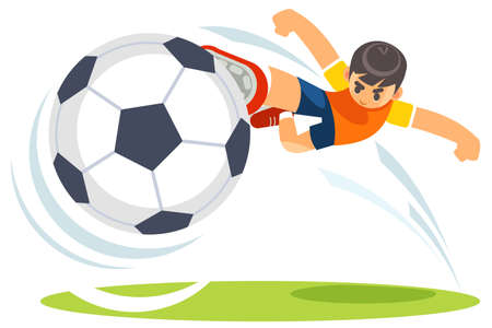 Football, soccer match. A player shooting on goal performing a bicycle kick. Vector cartoon funny illustration of cute boy football player kicks on goal.のイラスト素材