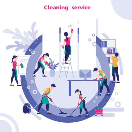 Group Of Janitors In Uniform Cleaning The Office With Cleaning Equipments.のイラスト素材