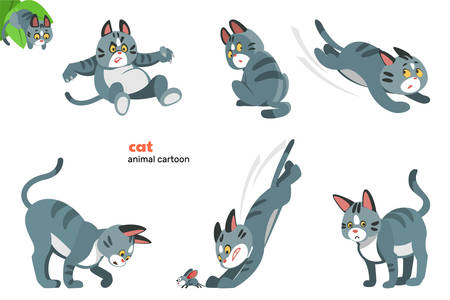 Set of cute cat character with different action poses, isolated on white backgroundのイラスト素材
