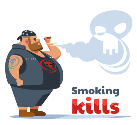 Smoking Kills Poster. Fat biker smokes. Health care, Stop Smoking concept. Vector cartoon illustrationのイラスト素材