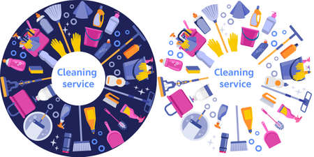Cleaning service flat illustration. House cleaning services with various cleaning tools in a circle. Blue and white isolated option.のイラスト素材
