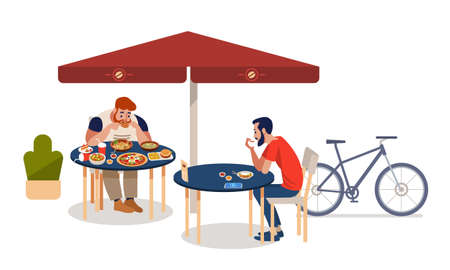 Fat men and athlete sitting at tables and eating different delicious meals.のイラスト素材
