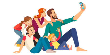 Family, happiness, generation and people concept - happy family making selfie with smartphone. Cartoon Vector Illustration.のイラスト素材