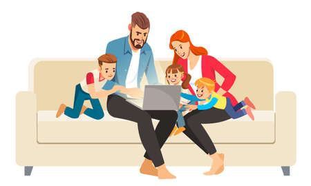 Portrait of a jolly family using a laptop sitting on sofa at home. Vector illustration in cartoon style.のイラスト素材
