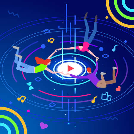 Online music play concept. Modern Isometric Online Music Entertainment Technology Illustration With People and Digital Related Asset.のイラスト素材