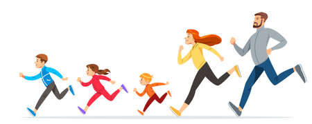 Happy Family with children running or jogging for sport and better fitness in summer. Good relations in family. Basic healthy care for people. Illustration for advertise running sport