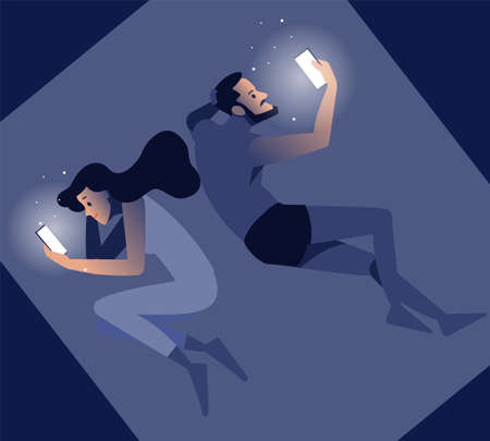 Intimate problem illustration. Angry couple lying in bed using smartphone.のイラスト素材