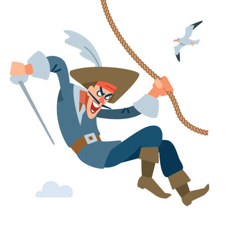 The character is a Pirate captain. Pirate attacks from above hanging on the rope. Vector cartoon illustration flat..のイラスト素材