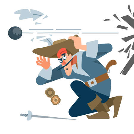 Pirate captain in battle, terrified of the enemy Cannonball roar.のイラスト素材