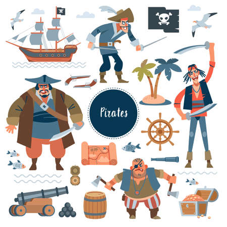 Pirates. Collection of adorable pirates, sail ship, sea fish and treasure chest, isolated on white background. Childish vector illustration in flat cartoon style.のイラスト素材