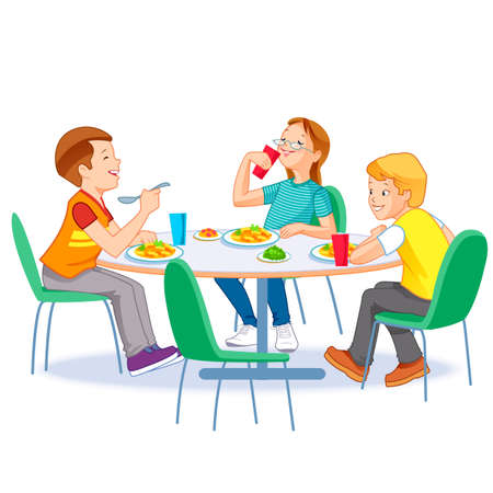 Happy kids having lunch by themselves. Two boys and girl eating lunch meals at table. Child nutrition concept.のイラスト素材