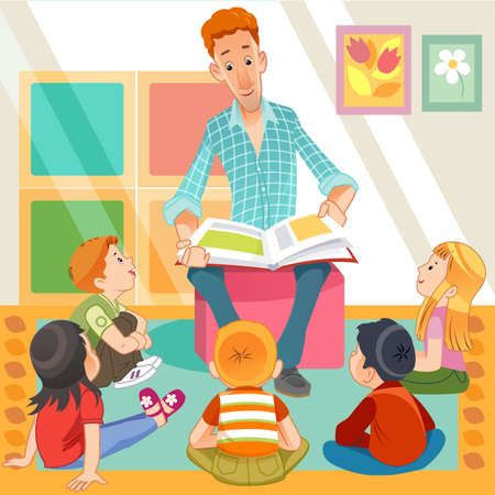 Teacher Reading for Cute Kids in The Kinder Garden. Elementary Students and Teacher Man. Cartoon Style Vector Illustration.のイラスト素材