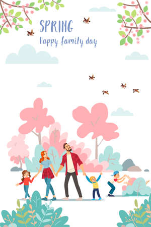 Spring. Family day. Cute poster of spring time, vector drawn illustrations of a happy family in natureのイラスト素材