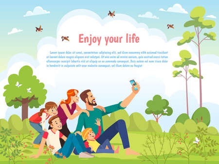 Happy family in the park taking selfie on a sunny day. Poster, card family day. Concept of friendly family and Parenthood child-rearing taking selfie walking with kids in nature. Vector cartoonのイラスト素材
