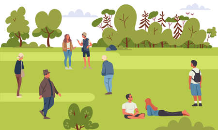 Characters spend leisure time in summer park set. Active pastime on nature at park. Cartoon colorful vector illustrationのイラスト素材