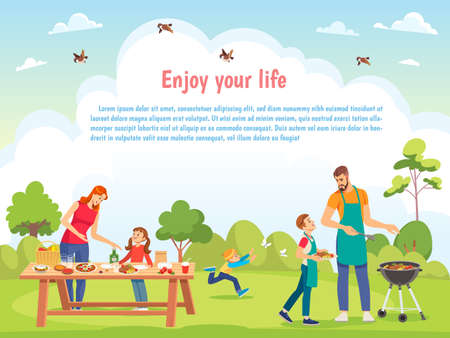 Happy Family day Template for card, poster, print. Family picnicking together. Vector cartoon illustration.のイラスト素材