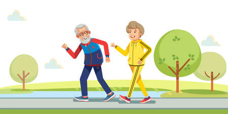 Happy active seniors running outside in green nature. Vector flat illustration.のイラスト素材