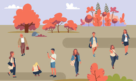 People are relaxing outdoors in the autumn-colored parks. Flat design style vector graphic illustration setのイラスト素材
