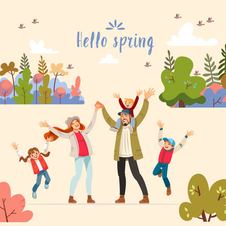 Hello spring. Hello spring greeting card with big family. Concept of friendly family and Parenthood child-rearing playing walking with kids in nature. Vector cartoon illustrationのイラスト素材